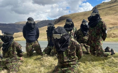 Group of people with hoods covering their faces on a Lake District mountain