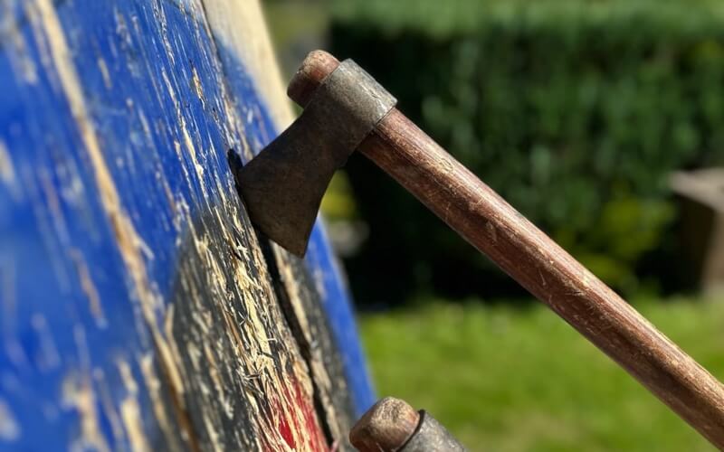 Close-up of an exe embedded in a target